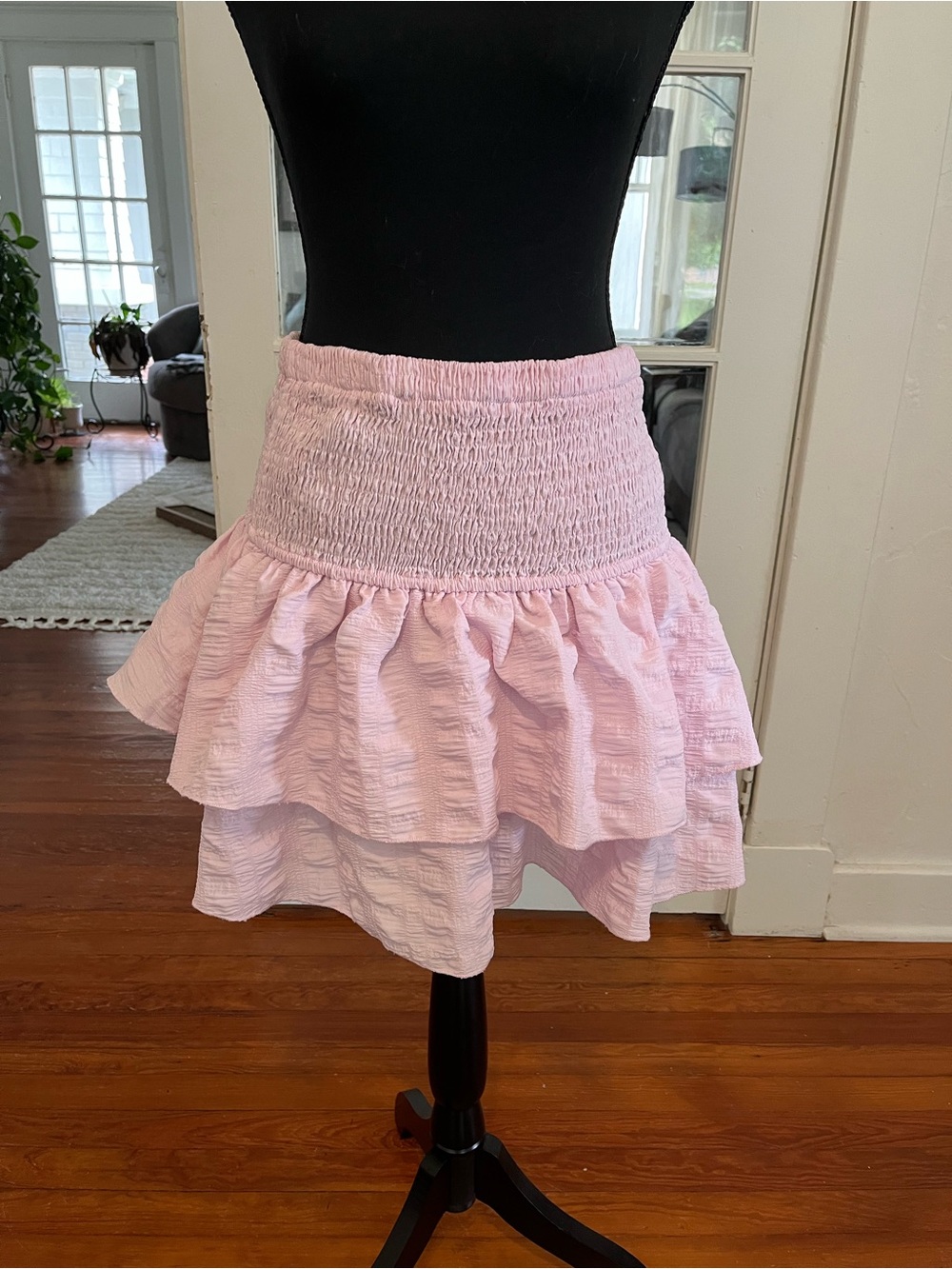 SHEIN Pink Smocked Waist Tiered Ruffle Mini Skirt